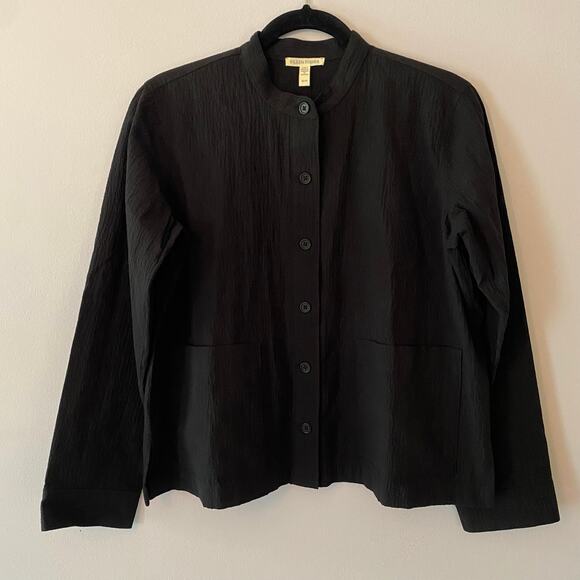 Eileen Fisher Women's XS Black Crepe Button Down Jacket Cotton Mandarin Collar - Picture 1 of 10